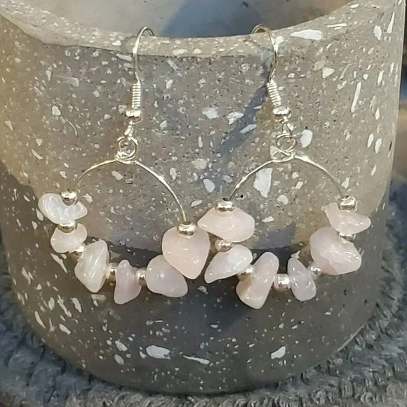 Handcrafted Baroque Rose Quartz Gemstone Sterling Silver Plated Hoop Earrings - Picture 2 of 7